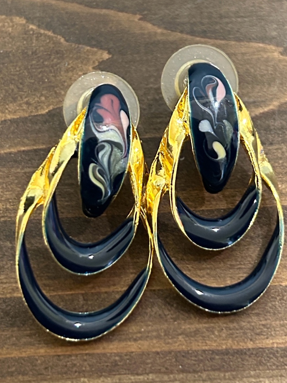 Vintage 1980s Black Enamel Earrings Gold Tone Abstract Mid Century Modern